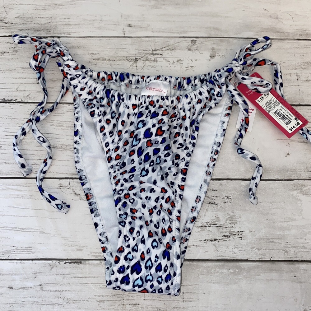 Xhilaration‎ Bikini Bottom Womens L Rainbow Leopard Heart White Swim Scoop Waist